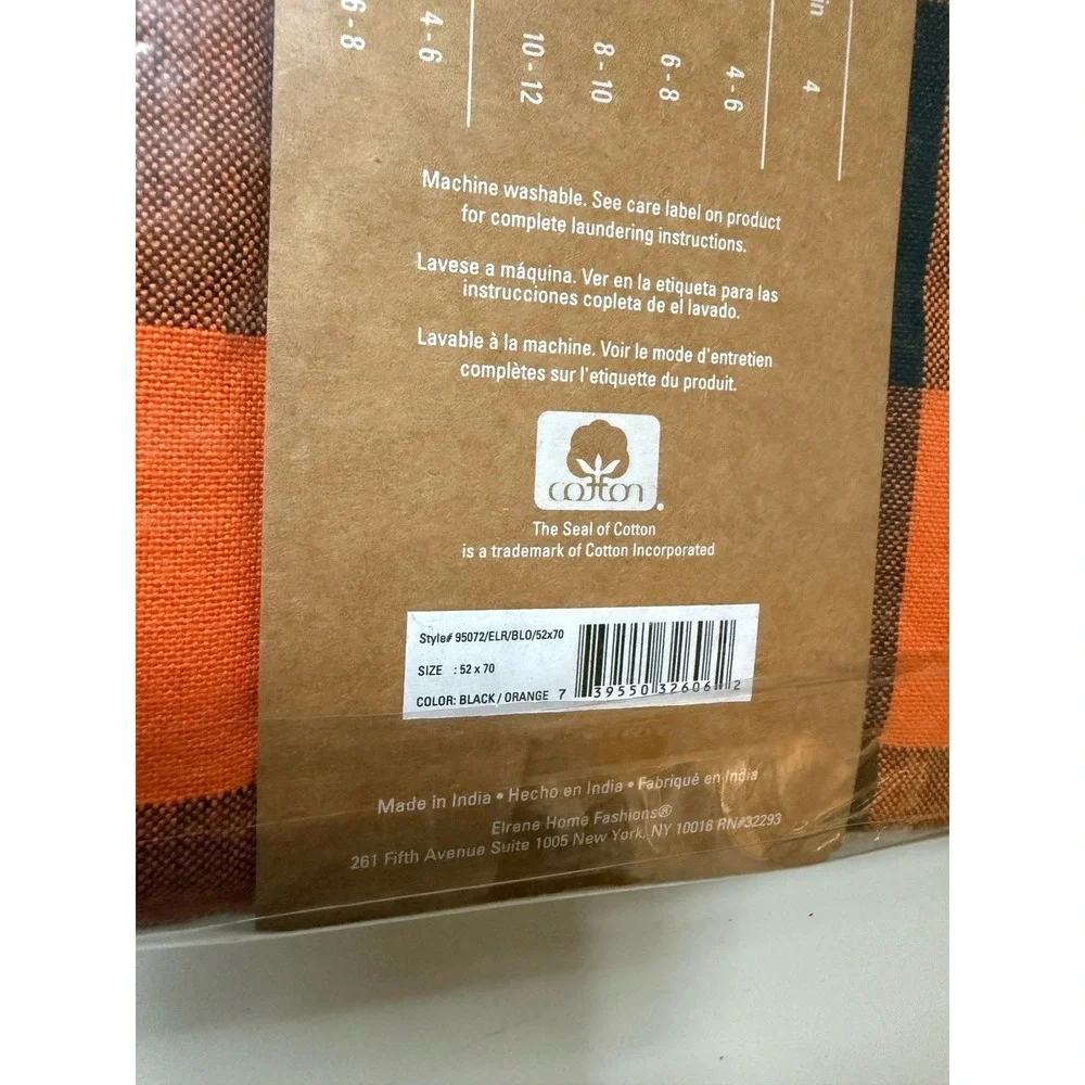 Elrene Farmhouse Tablecloth Orange & Black Buffalo Plaid Cotton 52 X 70